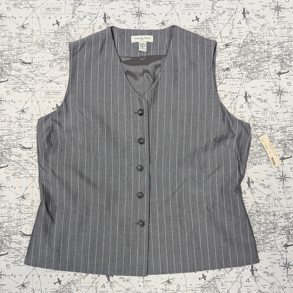 NWT Vintage Amanda Smith Pinstripe Button Up Suit Vest - Grey 90s Size 16